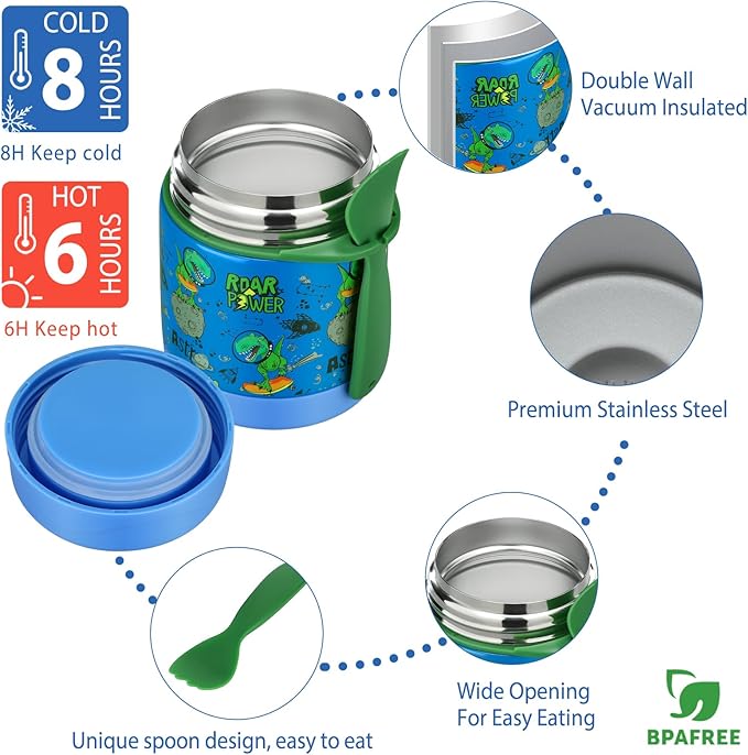 Bento Lunch Box Set for Kids with 10oz Soup Thermo, Leak-Proof Lunch Containers with 4 Compartment, Kids Thermo Hot Food Jar and Insulated Lunch Bag for Kid to School,BPA-Free(Dragon)
