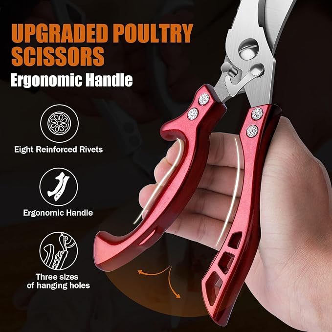 Poultry Shears, Red Heavy Duty Kitchen Shears with Serrated Edge, No Rust Spring Loaded, Multipurpose Stainless Steel Kitchen Scissors for Chicken Meat, Turkey, Fish, Christmas Gifts for Men Women