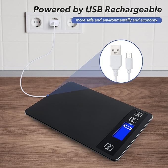 33lb Food Kitchen Digital Scale,1g/0.05oz Precise Graduation, USB Charging Kitchen Scale, Waterproof Stainless Steel with LCD Display, Ounces and Grams for Weight Loss, Cooking, Baking (Black)