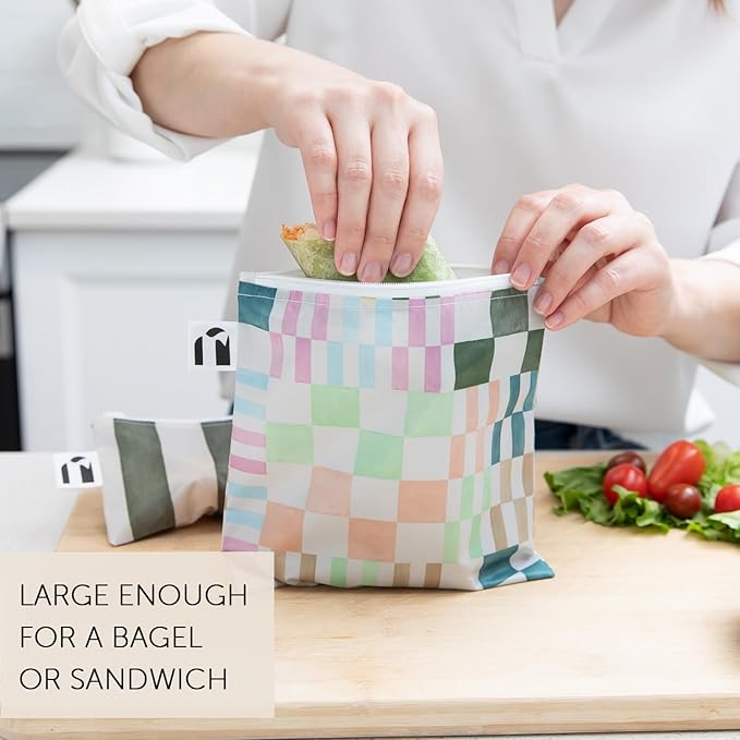 Roamio Reusable Sandwich and Snack Bags, for Kids School Lunch and for Adults Portion, Washable Fabric, Waterproof Cloth Zip Bag, Pack Travel Pouch, Food-Safe, Large 2-pk Green Stripe and Multi Check