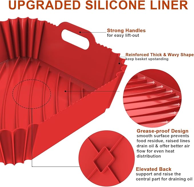Large Silicone Air Fryer Liners Square 5-9 QT, 7.9 Inch Reusable Airfryer Liners Air Fryer Silicone Liners Pot Oven Liner Baking Tray, Air Fryer Basket Silicone Mat Bowl Air Fryer Accessories, 2 Pack