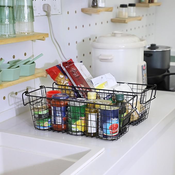 4 Pack [ XL Large ] STACKABLE Wire Baskets for Organizing - Pantry Storage and Organization Metal Bins for Produce, Food, Fruit - Kitchen Bathroom Closet Cabinet, Countertop, Under Sink Organizer