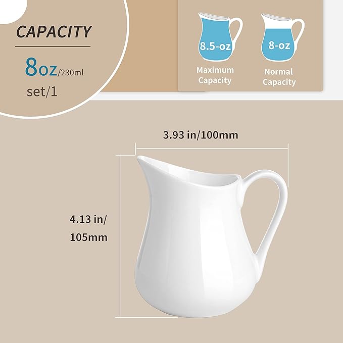 Gurygo 8-oz Creamer with Handle - Small Classic White Fine Porcelain Creamer Pitcher - Small Pitcher for Coffee Milk - Microwave & Freezer Safe