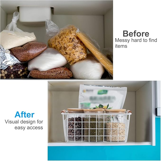 Wire Basket 4 Pcs Wire Storage Baskets Wire Baskets Organizing with Wooden Handles Wire Basket Pantry Organization and Storage Metal Wire Food Storage Basket for Kitchen, Cabinets (White 4PCS)