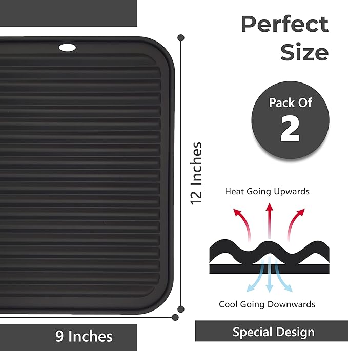 Silicone Trivets for Hot Dishes, Pots, Pans (2 Pack) - Heat-Resistant Pot Holders for Kitchen Countertop Mats - Silicone Trivet Mat (9 x 12 Inch) - Multipurpose Counter Pads (Black)