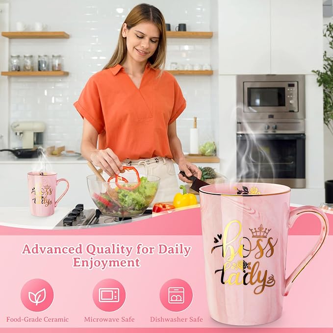 Biching Boss Lady Gifts for Women - Unique Birthday Gift for Women, Friend, Coworkers, Colleagues, Boss Female - Appreciation Mothers Day Gifts - 14Oz Marble Ceramic Coffee Mug Pink