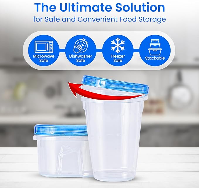 RFAQK Freezer Storage Containers with Lids-12 Plastic 32 oz Deli Containers with 12 Screw Lids-Freezer Containers for Soup with Twist Top Lids-Reusable Plastic Box for Lunch, Gym, Travel (48pcs-Mix)