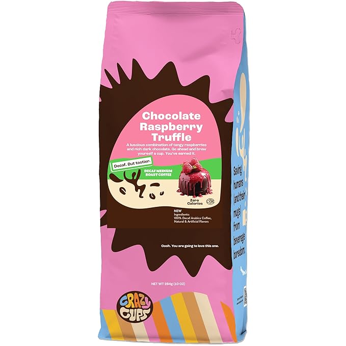Crazy Cups Flavored Ground Decaf Chocolate Coffee, Decaffeinated Chocolate Raspberry Coffee in 10 oz Bag, For Brewing Flavored Hot or Iced (Pack of 1)