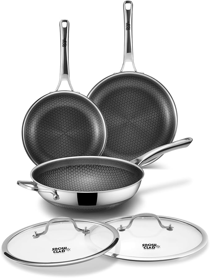 3-Piece Hybrid Stainless Steel Cookware Set-12 Inch Wok with Lid,10 Inch Frying Pan,12 Inch Skillet with Lid-Non Stick,PFOA Free,Dishwasher&Oven Safe,Induction Compatible