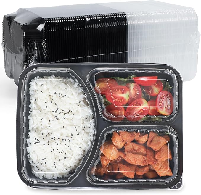 Food Containers Reusable 40 Pack 38oz - Shrink Wrap Leakproof | Portion Control Leftover Plastic Container with Lid | BPA Free Freezer & Microwave Safe Meal Prep | 3 Compartment Takeout Boxes