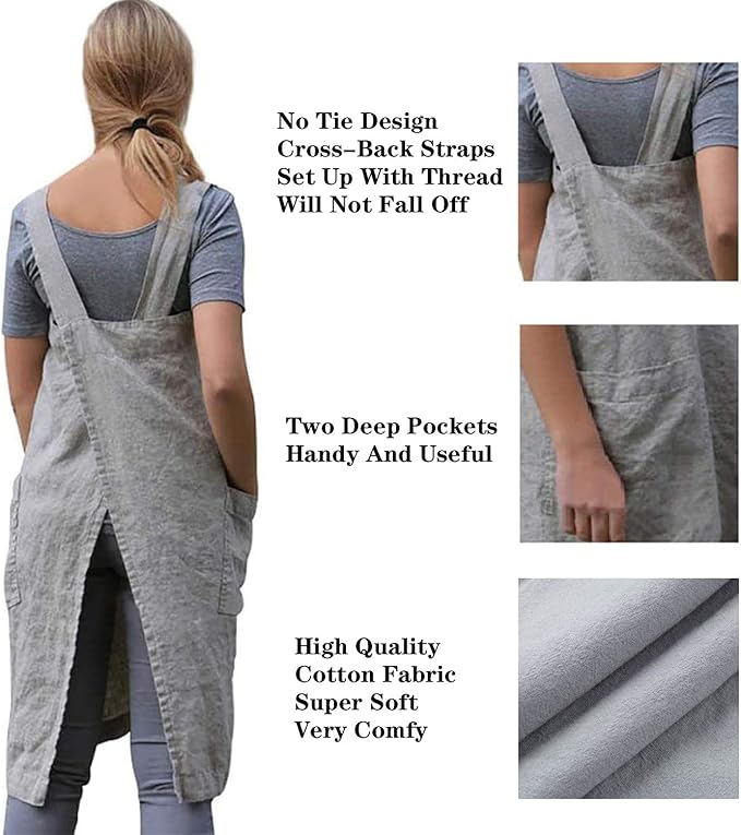 YESDOOD Cotton Linen Apron Cross Back Apron for Women with Pockets Pinafore Dress for Baking Cooking