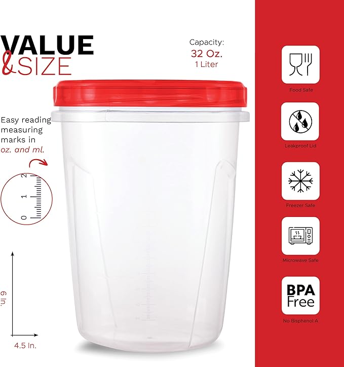 Freezer Containers for Food [32 Oz - 10 Pack] Freezer Storage Containers with Twist Top Lids | Reusable Plastic Soup Containers with Lids | Quart Containers with Screw on Covers | Leakproof, BPA Free