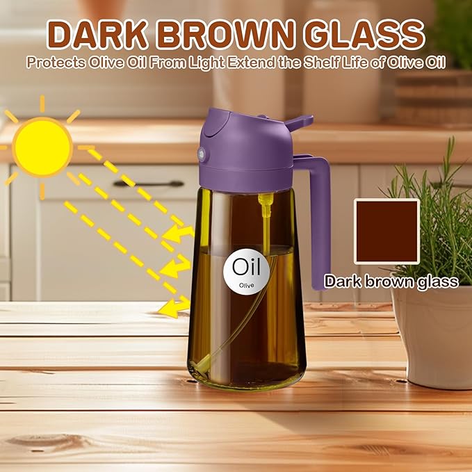 YARRAMATE 16oz/470ml Dark Brown Oil Sprayer for Cooking with Stickers, Food-grade Premium 2 in 1 Olive Oil Dispenser Bottle for Kitchen Gadgets, Air Fryer, Salad, Frying, BBQ (Purple)