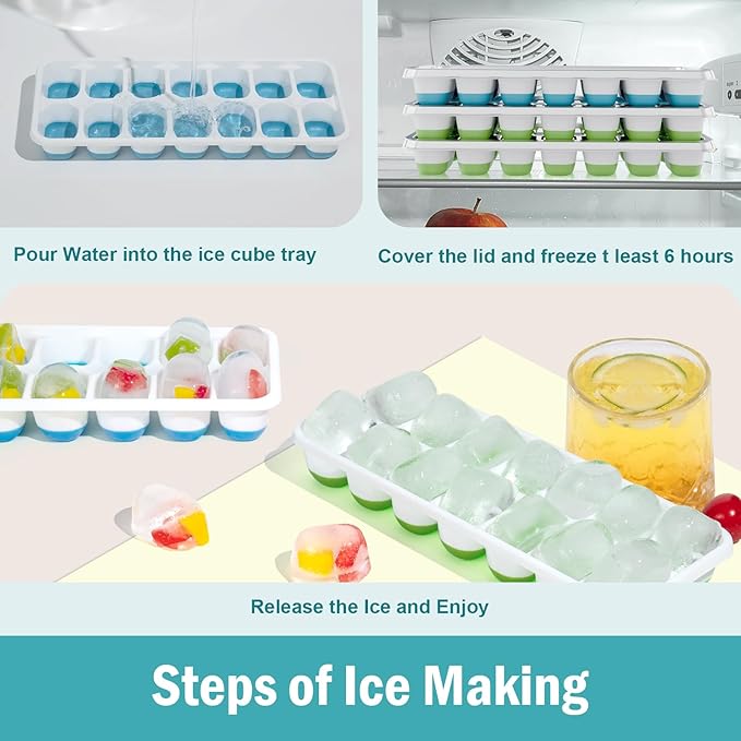 Ice Cube Trays for Freezer Ice tray - Easy to Release Silicone Ice Trays with Spill-Resistant Lids, Reusable Ice Cubes,Stackable and BPA-Free, Perfect for Cocktails, Drinks, and Iced Coffee