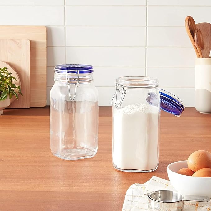Bormioli Rocco Fido Glass Storage Jar, Blue Lid Airtight Pantry Canister - 50.75 oz Clamp Lock Container for Pasta, Rice, Coffee & Dry Goods - Italian Glass, Dishwasher & Microwave Safe