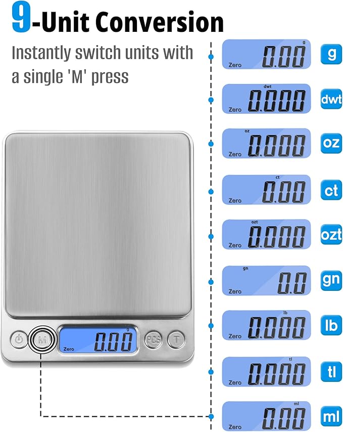 NEXT-SHINE Gram Scale 500g x 0.01g Precision, Digital Mini Pocket Size Portable Scale with Two Trays Nine Units, LCD Display Stainless Steel Platform for Weighing Jewelry Cooking Baking