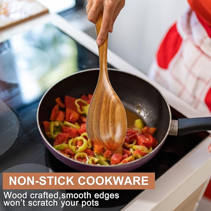 2 Pcs Large Wooden Spoons for Cooking Serving Mixing Kitchen Spoon Big Acacia Wood Utensils Set Teak Spatula Cooking Spoon Set Bamboo Baking Spoons Non Toxic Kitchen Tools Cooking Accessories