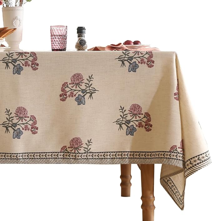 ISAENNE Designer Linen Light Beige Rectangular Tablecloth,French Colorful Floral Table Cloth,Stain Resistant Decor Tablecloths for Dining Thanksgiving Christmas Kitchen,55"*79"-Helena E