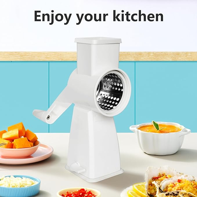 4-in-1 Rotary Cheese Grater Handheld, Lightweight Body with 4 Stainless Steel Blades & Non-Slip Suction Base, for Shredding Parmesan, Slicing Vegetables, Grating Chocolate（White）