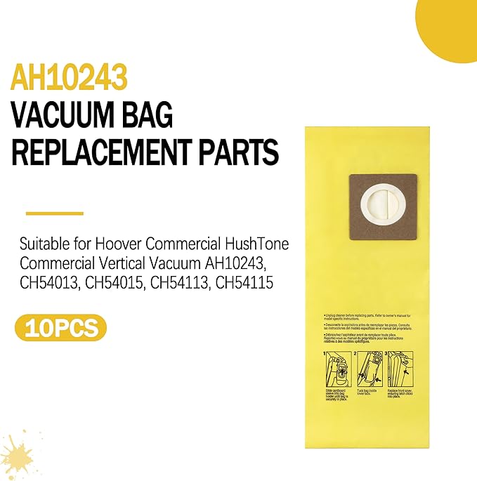 AH10243 Disposable Vacuum Bag for Hoover Commercial CU2 Vacuum Cleaner CH54013 CH54015 CH54113 CH54115 Upright Bags for HushTone Replacement, Yellow (10 Pack)