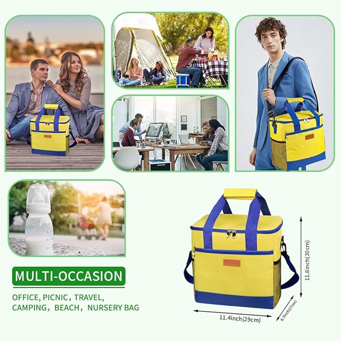 Iknoe Large Cooler Bag Collapsible 24 Can Insulated Bags Leakproof Lunch Cooler Tote with Multi-Pockets for Adult Insulated Thermal Bag for Beach, Picnic, Office Work(Yellow)