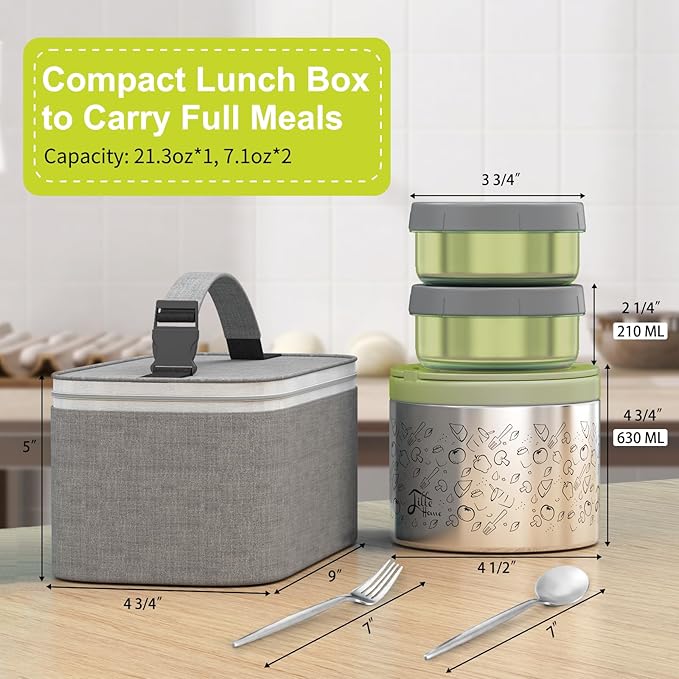 Lille Home Portable Insulated Lunch Box Set with Stainless Steel Cutlery, vacuum lunch box, to Keep Food Warm or Cool, Two Containers for Fruits and Sauces, Durable and Leak-Proof