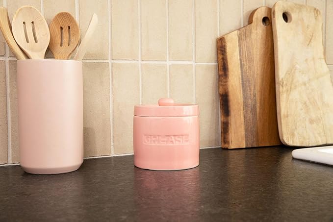 Bacon Grease Saver with Strainer - Ceramic Grease Container 1L Storage Canister | Holds Bacon Fat Drippings | Oil Keeper for Kitchen Counter Storage