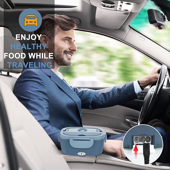 Monteka Electric Lunch Box Food Heater - Leakproof Portable Food Warmer heated lunch box for adults for Car/Home/Truck with 1.5L Removable Stainless Steel Container, 12V/24V/110V, Blue