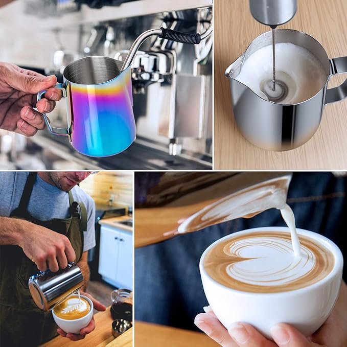 Milk Frothing Pitcher Colorful 600ml (20oz) Steaming Pitchers Stainless Steel Milk Coffee Cappuccino Latte Art Barista Steam Pitchers Milk Jug Cup with Decorating Art Pen