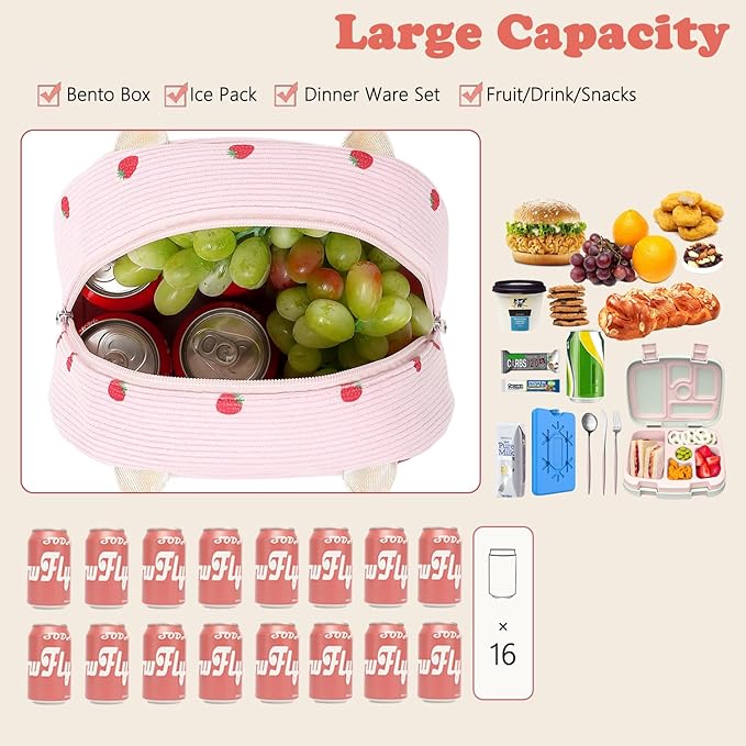 FlowFly Insulated Lunch Bag for Women – Corduroy Lunch Tote Box, Cute Cooler Bag for Work, Travel, Picnic,Corduroy Strawberries Pink