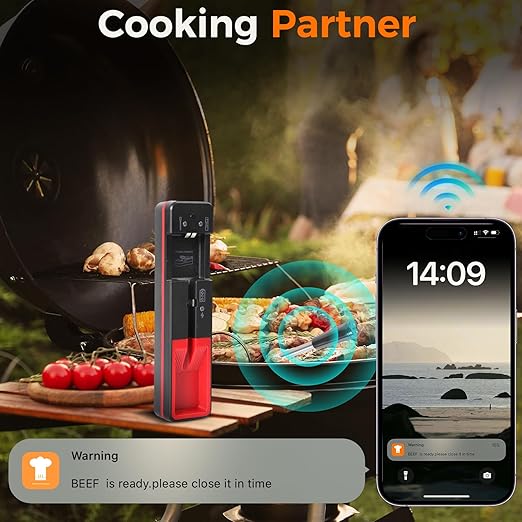 NiTsai Smart Wireless Meat Thermometer with Ultra Thin Probe, Remote Monitoring and Instant Read with APP, Bluetooth Food Thermometer for Oven, BBQ, Smoker, Grill, Air Fryer