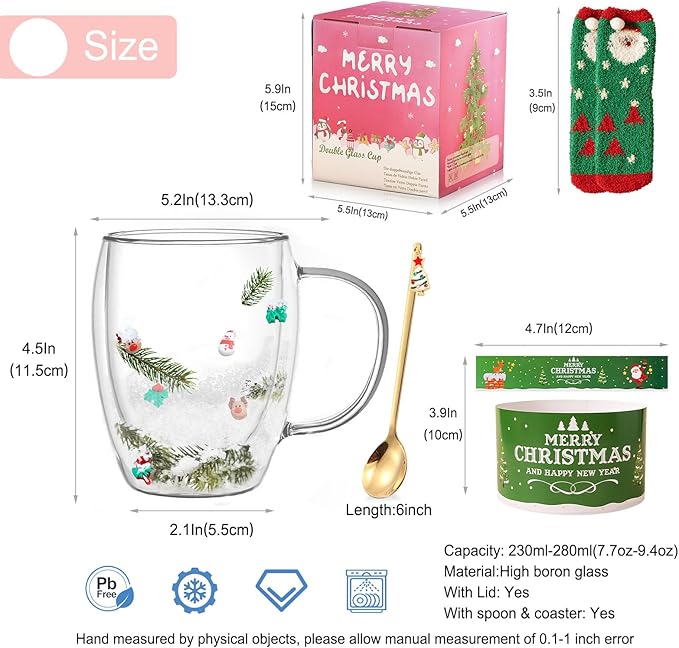 Christmas Gifts For Women Mom Friends Kids Grandma Men Cute Coffee Mugs with Christmas Socks Glass Espresso Tea Cups Kawaii Christmas Stocking Stuffers Decorations Presents Funny White Elephant Gifts