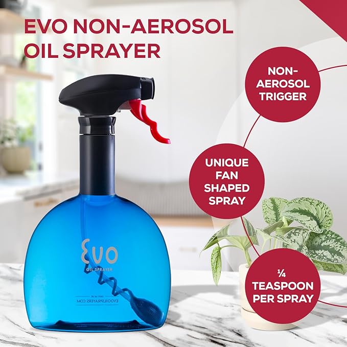 Evo Original Oil Sprayer, Non-Aerosol for Olive Oil, Cooking Oils, and Vinegars, Blue, 24-Ounce Capacity