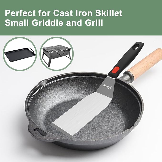 Beijiyi Stainless Steel Spatula Set, Heavy Duty Small Metal Spatula for Cooking Cast Iron Skillet with Silicone Handle - Griddle Grill Kitchen Spatula Flipper for Pancake, Fish, Smash Burger and Egg