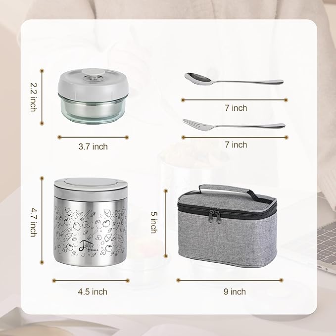Lille Home Portable Insulated Lunch Box Set with Stainless Steel Cutlery, vacuum lunch box, to Keep Food Warm or Cool, Two Containers for Fruits and Sauces, Durable and Leak-Proof(GREY)