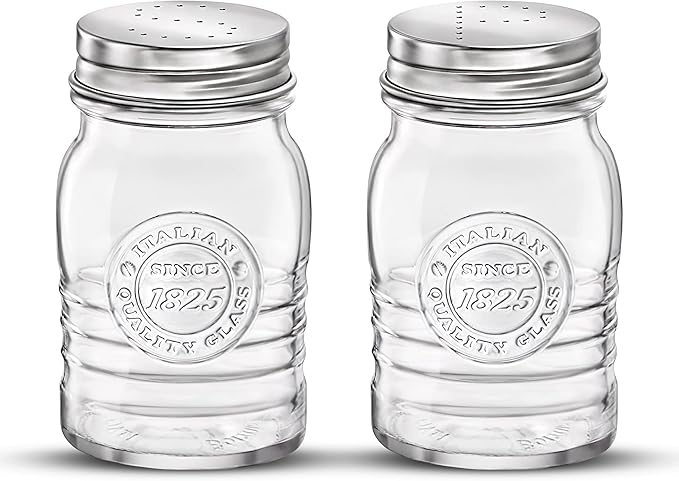 Bormioli Rocco Officina 1825 Salt And Pepper Shaker, Set Of 2, Clear, 8 Oz. Stain Resistant, Durable Glass Jars, Dishwasher Safe.