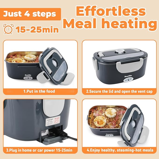 Electric Lunch Box for Adults, 80W Heated Lunch Box, 1.5L Stainless Steel Container | 12V/24V (Car/Truck) & 110V (Office/Home) | with Fork&Spoon and Insulated Carry Bag