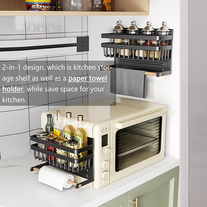 Sleclean Magnetic Spice Rack Organizer for Refrigerator, 2 Pack, Magnetic Paper Towel Holder, Kitchen Magnetic Shelf,11.8"x4.5"x6.3",Black