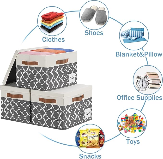 GhvyenntteS Extra Large Storage Bins with Lids, Foldable Fabric Storage Boxes with Lids and 3 Leather Handles, Storage Baskets with Label Window (6 Pack, Grey&Black, 15.75x11.8x10.2)