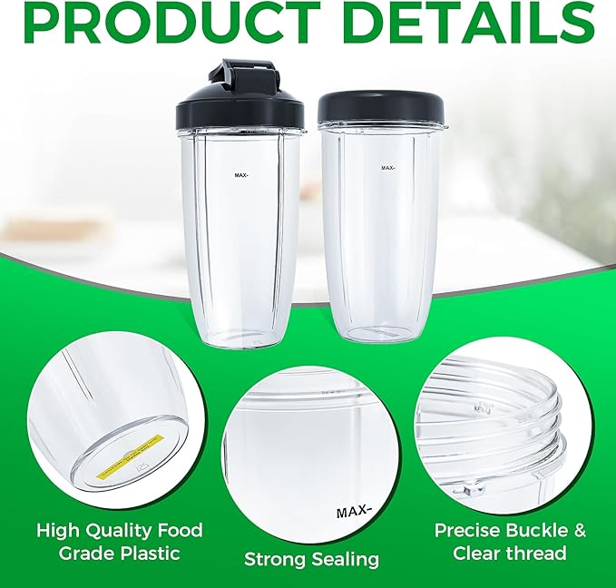 Replacement Blender 32oz Cups with Flip-Top To-Go-Lid & Flat Lid Compatible with Nutribullet Pro 900w/ 600w Models
