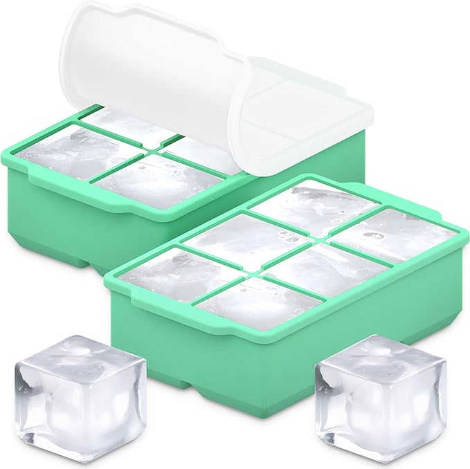 KitchFort Large Silicone Ice Cube Tray (2-Pack), Easy Release 2" Big Ice Cubes - Cocktail, Whiskey Ice Cubes Mold - Ice Trays for Freezer with Lid - Stackable Silicone Ice Tray - Green