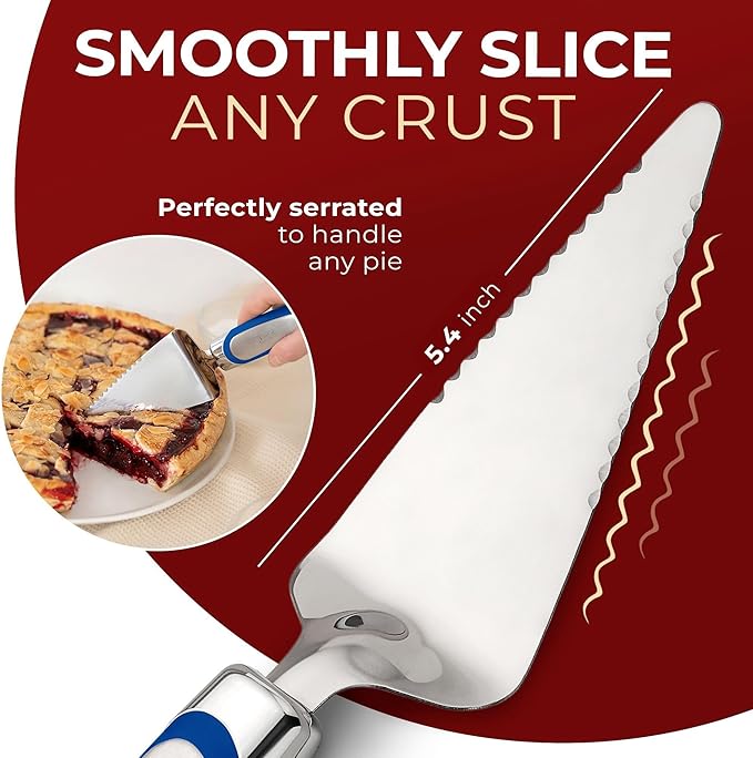 Orblue Pie Server, Essential Kitchen Tool, Serrated on Both Sides, Great for Right or Left Handed Chef, Stainless Steel Flatware, Cake Cutter, Royal Blue