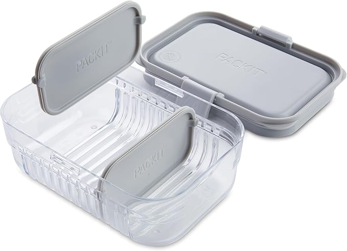 PackIt Mod Lunch Bento Food Storage Container, Steel Gray, Shatterproof Crystal Clear Base, with Leak-resistant Dividers and Lid, Microwavable, Dishwasher Safe, Perfect for Meal Prep