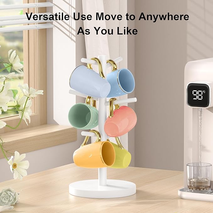 Wisuce White Coffee Mug Tree, Updated Thick Bamboo Mug Holder Base,Coffee Cup Stand Mug Holders with 6 Hooks for Countertop Organizer Stand