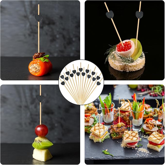 500 Pieces Black Heart Toothpicks 4.7 Inch Fancy Bamboo Cocktail Picks for Frozen Appetizers Long Fruit Charcuterie Drink Sticks Wedding Party Valentines Day Decoration Party Supplies