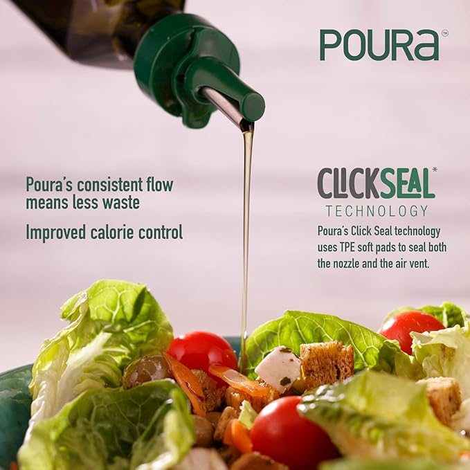 Poura Glass Olive Oil Bottle Drizzler with Pourer Spout - BPA Free Hygienic Open and Close Pourer Prevents Oxidation Keeping Olive Oil Fresh - Includes Funnel for No Mess Or Wastage