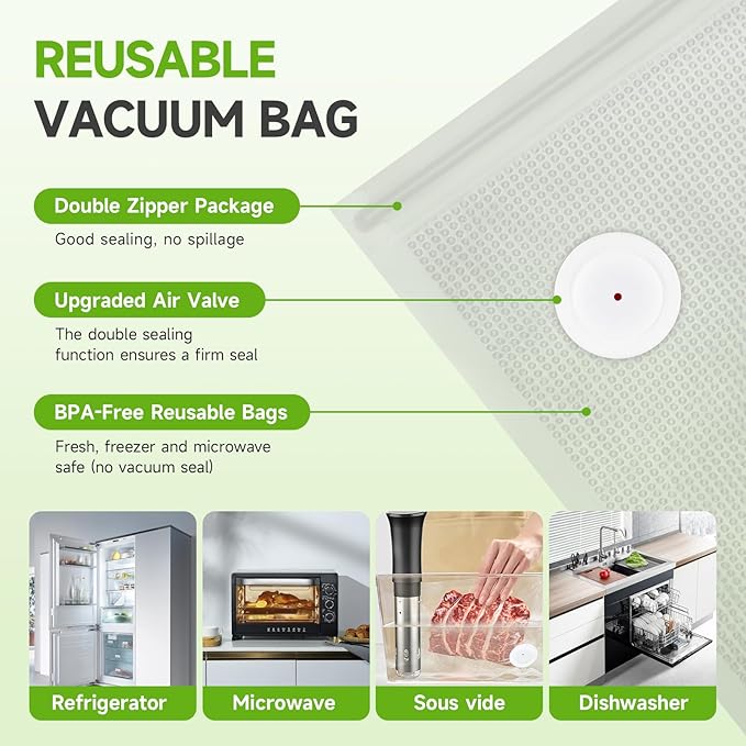 Vacuum Sealer Bags, 40 Reusable Vacuum Sealer Bags for Food, BPA-Free, Meal Prep and Sous Vide Cooking,Works for Handheld Sealer and Vac Sealer Machine with External Vacuum Systems