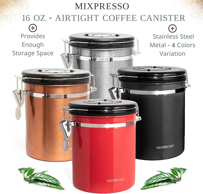 Mixpresso 16 Oz Black Coffee Canister, Stainless Steel Airtight Coffee Container, Air tight Jar Tea Storage with Date Tracker, Vacuum Sealed Espresso Airtight Canister, Sugar Container for Home