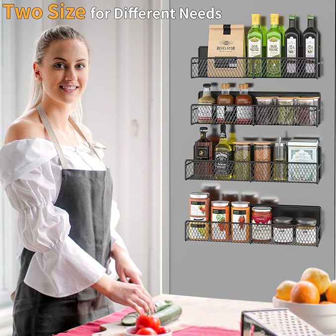 Magnetic Spice Rack for Refrigerator, 4 Pack 100% Metal Strong Magnet Fridge Shelves, Space Saving Spice Organizer, No Drilling Moveable Home Kitchen Laundry Room Storage Organization, Black