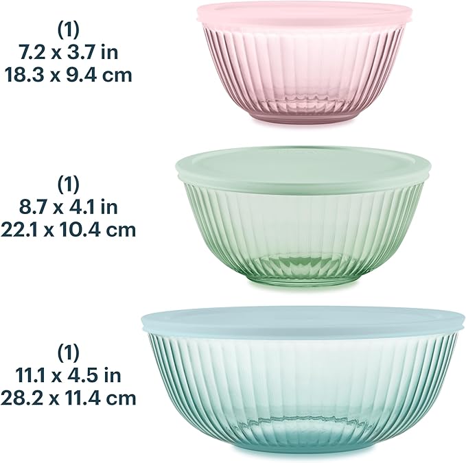 Pyrex Colors Tinted (3-Pack, Full Set) Sculpted Tinted Glass Mixing Bowls With Lids, Nesting Space Saving Set of Bowls For Prepping and Baking, 1.3QT, 2.3QT & 4.5Q, Aqua